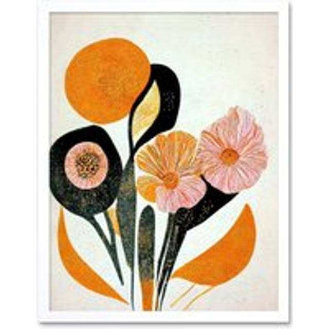 Wall Art Print Abstract Painting Linocut Style Flowers In Autumn Pastel Pink Brown And Orange Art Framed - White - W12 inch x H16 inch