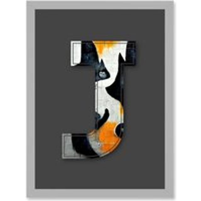 Letter J Abstract Cat Decorative Graffiti Mural Alphabet Initial Stencil Artwork Framed Wall Art Print A4 - Grey - One Size