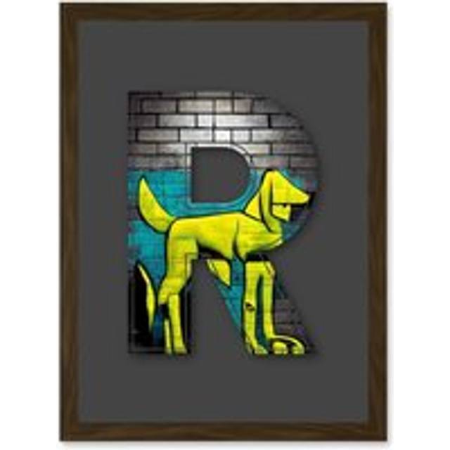 Letter R Abstract Dog Yellow Decorative Graffiti Mural Alphabet Initial Stencil Artwork Framed Wall Art Print A4 - Brown - One Size