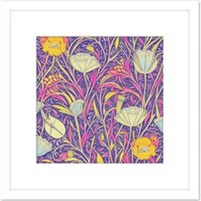 Wild Poppy Flower Field Yellow Pink Purple Vintage Style Painting Square Wooden Framed Wall Art Print Picture 8X8 Inch - White - One Size