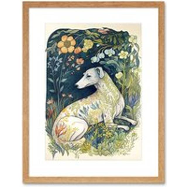 Wall Art Print White Greyhound Dog with Floral Pattern Fur Coat lying in Flower Field Modern Artwork Framed 9X7 Inch - Beige - W7 inch x H9 inch