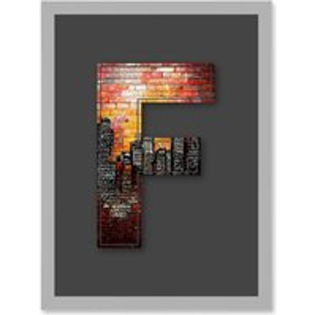Letter F New York Cityscape Orange Red Decorative Graffiti Mural Alphabet Initial Stencil Artwork Framed Wall Art Print A4 - Grey - One Size