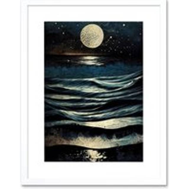 Wall Art Print Full Moon Rising Over Clear Night Sky Tidal Waves Artwork Framed 9X7 Inch - White - W7 inch x H9 inch