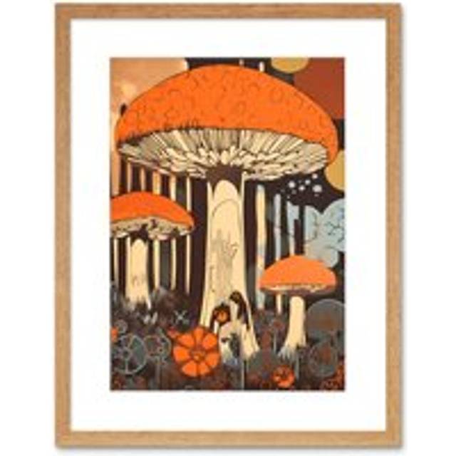 Wall Art Print Mushroom Vintage Large Red Cap Fungi Pastel Colour Earthy Aesthetic Kitchen Artwork Framed 9X7 Inch - Beige - W7 inch x H9 inch