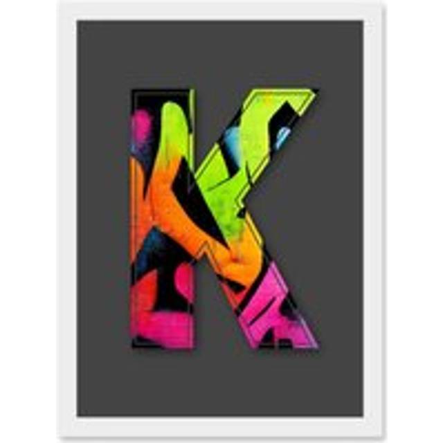 Letter K Neon Abstract Decorative Graffiti Mural Alphabet Initial Stencil Artwork Framed Wall Art Print A4 - White - One Size