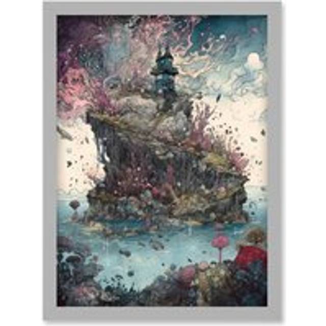 Fantasy World Coastal Island Landscape Nymph House Magical Marine Life Flying Fish Seaweed Cloud Artwork Framed Wall Art Print A4 - Grey - One Size