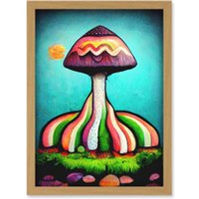 Colourful Psychedelic Cartoon Mushroom Painting Artwork Framed Wall Art Print A4 - Tan - One Size