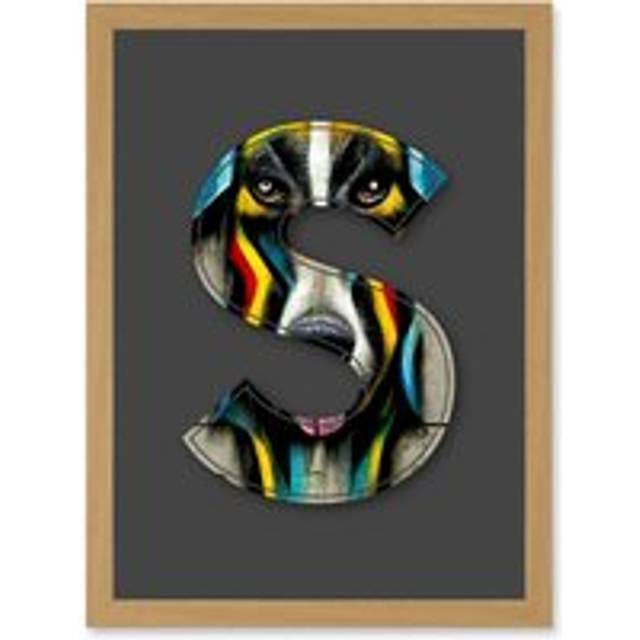 Letter S Stripe Dog Face Multicoloured Decorative Graffiti Mural Alphabet Initial Stencil Artwork Framed Wall Art Print A4 - Tan - One Size