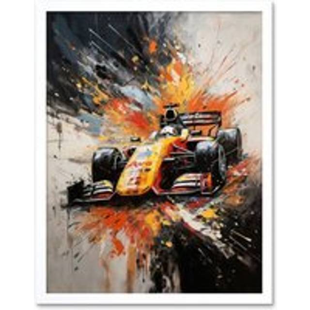 Wall Art Print Yellow Race Car Racing Scene Modern Spatter Art Framed - White - W12 inch x H16 inch