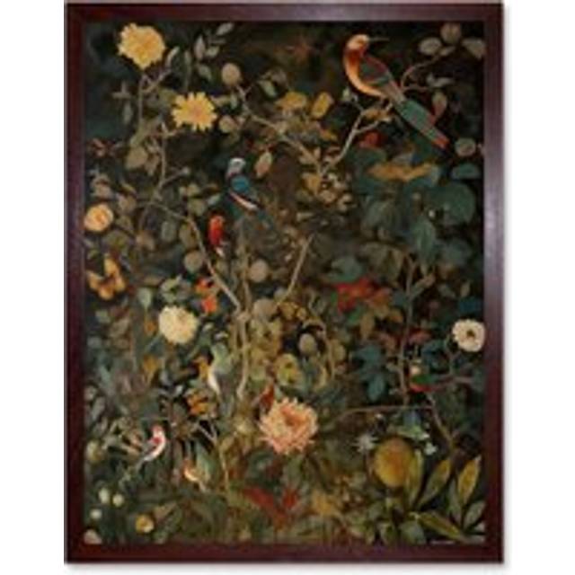 Wall Art Print Audubon Style Birds in Spring Flower Field Modern Art Framed - Brown - W12 inch x H16 inch