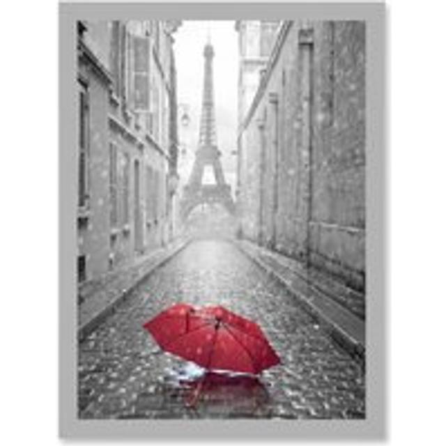 Eiffel Tower In Paris Red Umbrella Rain Alley Cobbles Artwork Framed Wall Art Print A4 - Grey - One Size