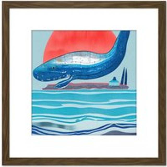 Breaching Blue Whale At Sunset Ocean Sea Splash Island Watercolour Painting Square Wooden Framed Wall Art Print Picture 8X8 Inch - Brown - One Size