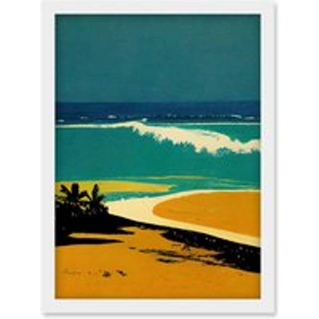 Honopu Beach Coastline Summer in Hawaii Mustard Blues Artwork Framed Wall Art Print A4 - White - One Size