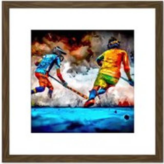 Field Hockey Players Action Abstract Oil Painting Square Wooden Framed Wall Art Print Picture 8X8 Inch - Brown - One Size