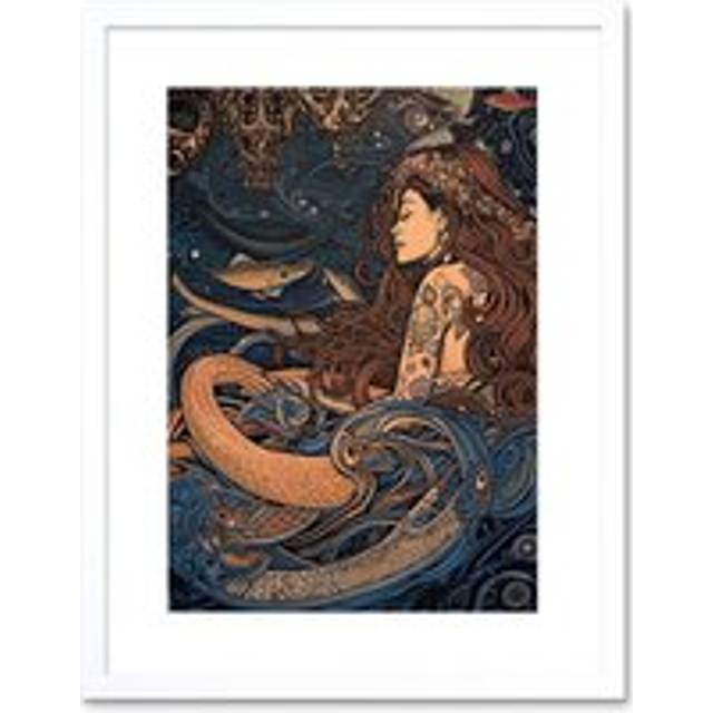 Wall Art Print Little Mermaid and Aquatic Animals Artwork Framed 9X7 Inch - White - W7 inch x H9 inch
