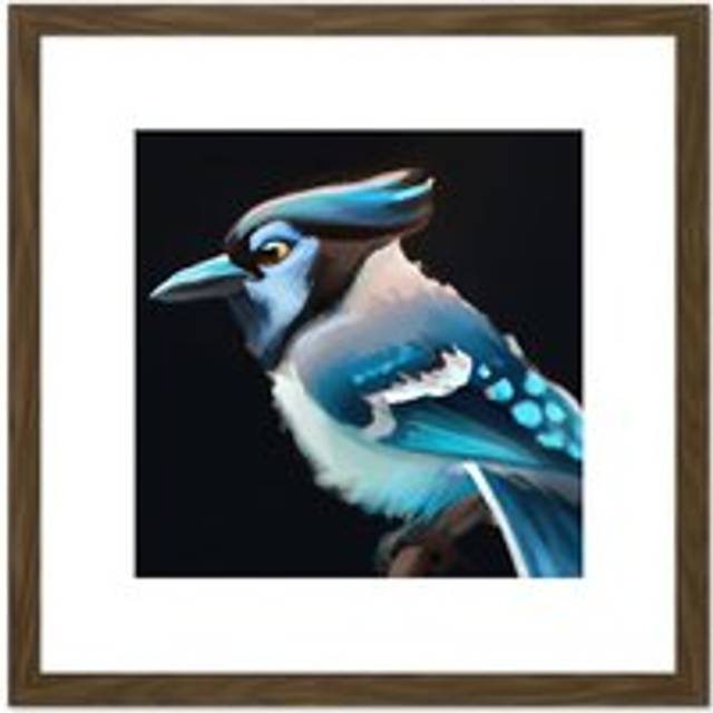 Blue Jay Bird Perched Acrylic Paint on Black Paper Portrait Square Wooden Framed Wall Art Print Picture 8X8 Inch - Brown - One Size