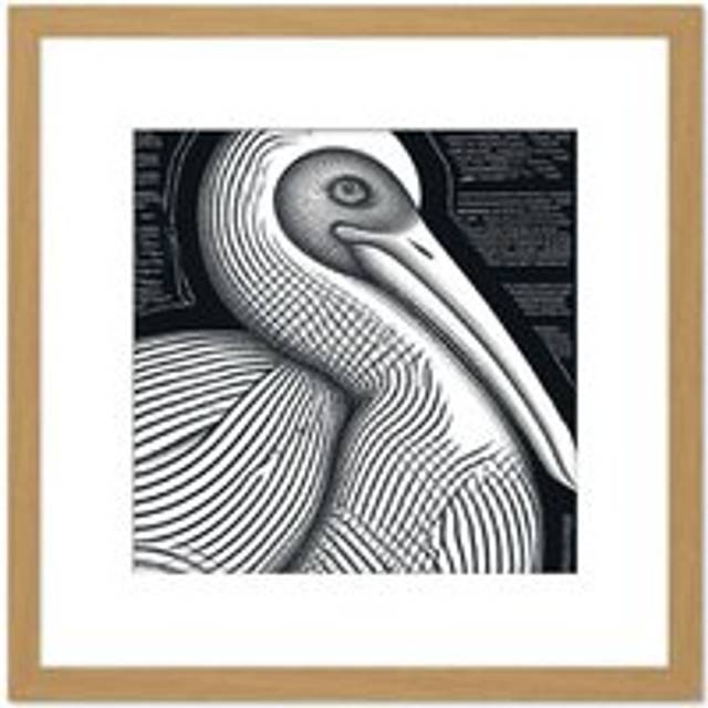Monochrome Pelican Bird Black White Charcoal Drawing Square Wooden Framed Wall Art Print Picture 8X8 Inch - Tan - One Size