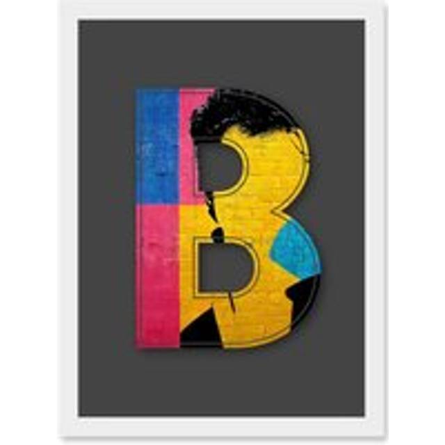 Letter B Bright Abstract Face Yellow Decorative Graffiti Mural Alphabet Initial Stencil Artwork Framed Wall Art Print A4 - White - One Size
