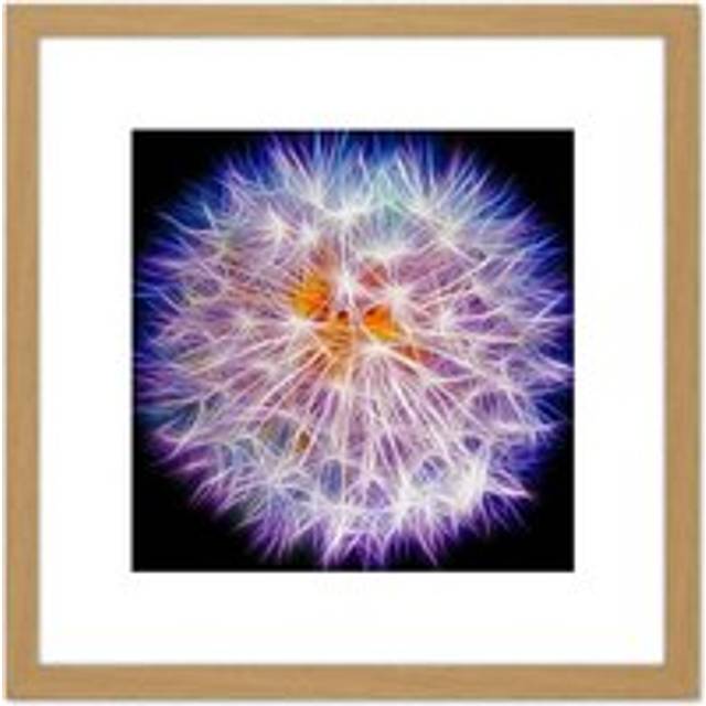 Painting Digital Neon Dandelion Head 8X8 Inch Square Wooden Framed Wall Art Print Picture with Mount - Tan - One Size