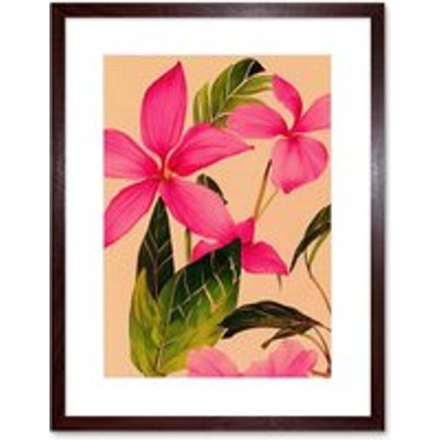 Wall Art Print Exotic Pink Plumeria Flower Plant Blooms Watercolour Pencil Artwork Framed 9X7 Inch - Brown - W7 inch x H9 inch
