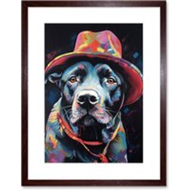 Wall Art Print Pit Bull Terrier Dog Red Cowboy Hat Portrait Artwork Framed 9X7 Inch - Brown - W7 inch x H9 inch