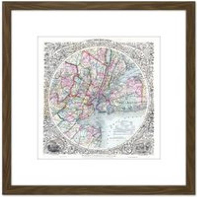 Map 1879 Colton Thirty Three Miles Around New York City 8X8 Inch Square Wooden Framed Wall Art Print Picture with Mount - Brown - One Size