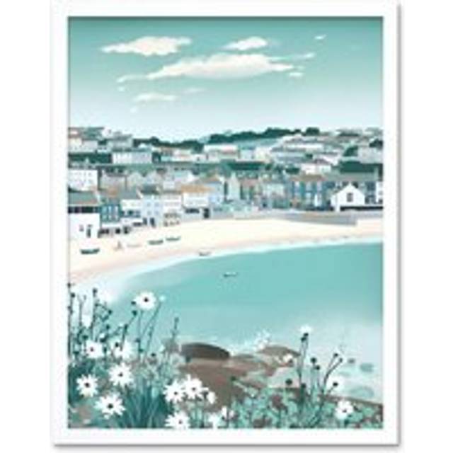 Wall Art Print St Ives Bay Daisies Soft Pastel Coastal Cityscape Art Framed - White - W12 inch x H16 inch