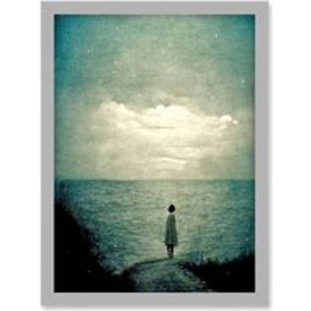 Looking Out To Sea Dreamscape Lone Woman Dusk Calm Elegant Panting Artwork Framed Wall Art Print A4 - Grey - One Size