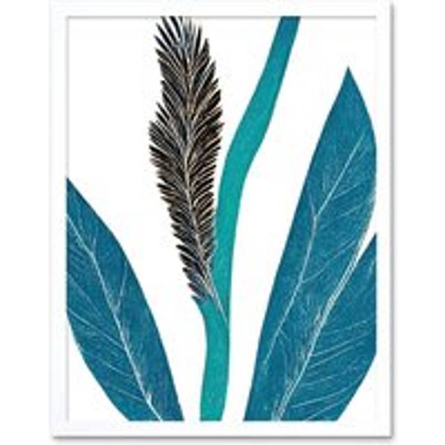 Wall Art Print Tropical Plant Abstract Pastel Feather Blue Teal Leaves Art Framed - White - W12 inch x H16 inch
