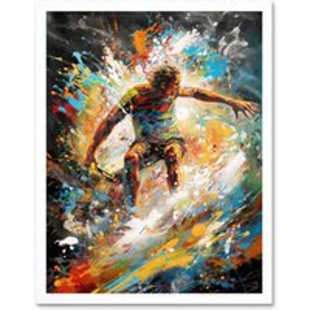 Wall Art Print Surfer Surfing on Crashing Waves Splatter Paint Art Framed - White - W12 inch x H16 inch