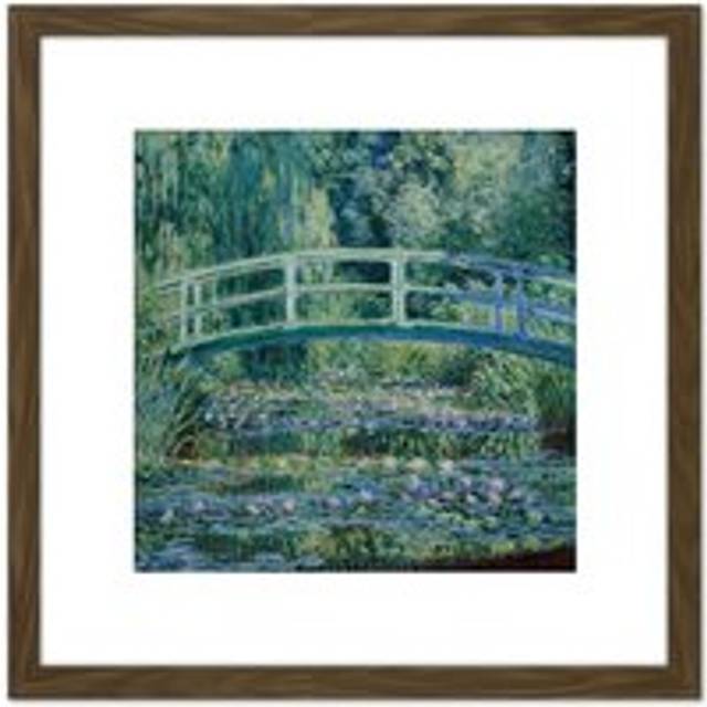Monet Water Lilies Japan Bridge Painting 8X8 Inch Square Wooden Framed Wall Art Print Picture with Mount - Brown - One Size