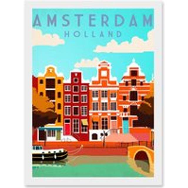 Travel Tourism Amsterdam Holland Netherlands Canal Boat Houses Colourful A4 Artwork Framed Wall Art Print - White - One Size