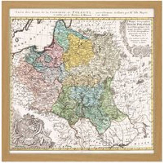 Wall Art Print Map Antique 1750 Homann Poland Old Historic Replica Square Framed Picture 16X16 Inch - Tan - W16 inch x H16 inch