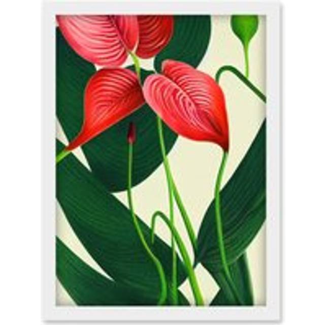 Laceleaf Flower Floral Tropical Leaf Pink Anthurium Painting Artwork Framed Wall Art Print A4 - White - One Size