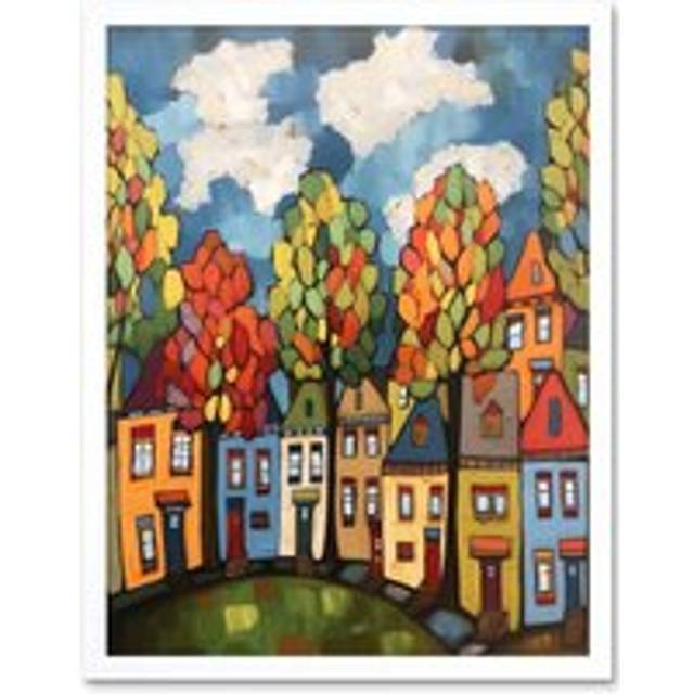 Wall Art Print Multicoloured Row Of Houses With Autumn Trees Contemporary Folk Art Painting Art Framed - White - W12 inch x H16 inch