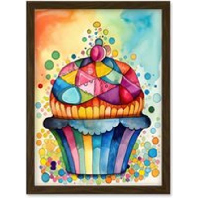 Cupcake With Colourful Frosting Watercolour Folk Art Painting Artwork Framed Wall Art Print A4 - Brown - One Size