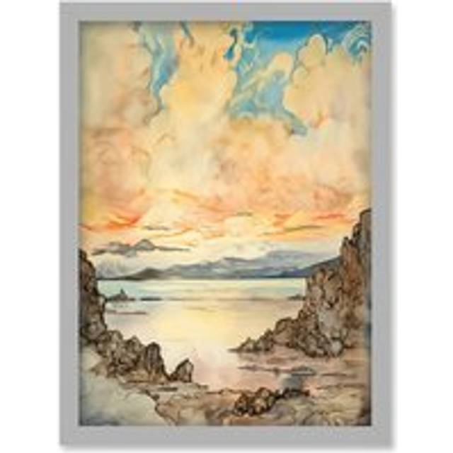 Pastel Colour Atmospheric Cloud Sunrise Over Mono Lake Modern Watercolour Painting Artwork Framed Wall Art Print A4 - Grey - One Size