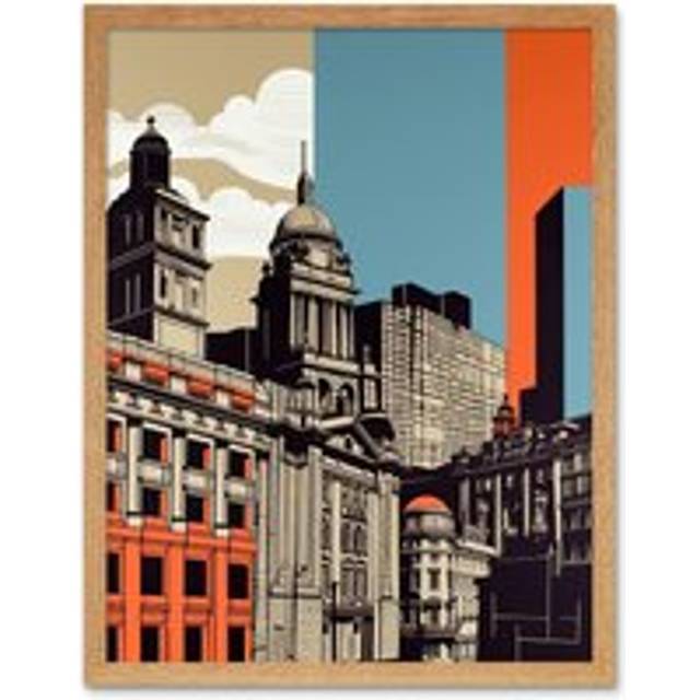 Wall Art Print Leeds Modern Colour Block Cityscape Art Framed - Tan - W12 inch x H16 inch