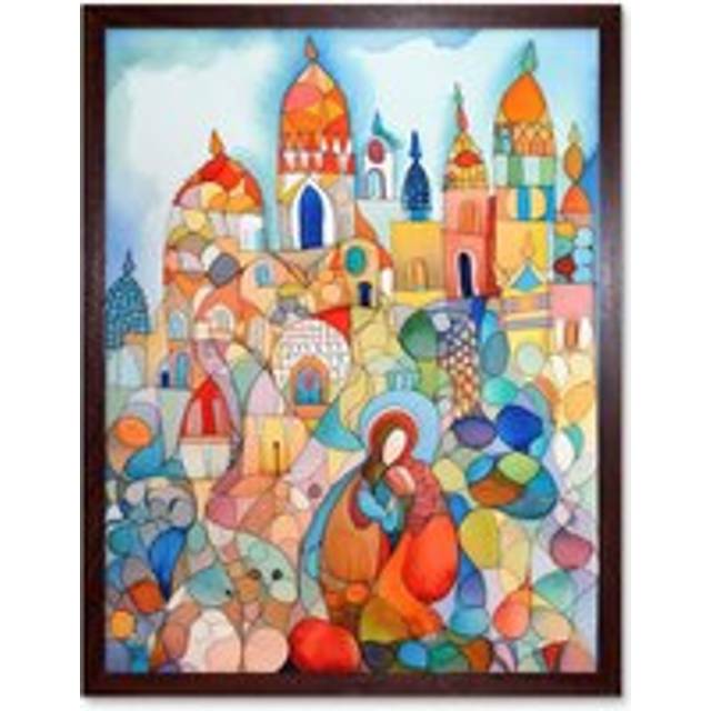 Wall Art Print Abstract Moroccan Cityscape Folk Art Framed - Brown - W12 inch x H16 inch