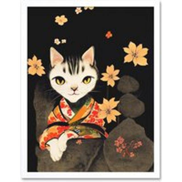 Wall Art Print Cute Cat In Kimono Sitting On A Bed Of Rocks With Flowers Art Framed - White - W12 inch x H16 inch