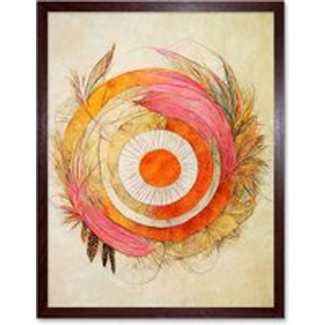 Wall Art Print Abstract Dreamcatcher With Feathers In Soft Pastel Palette Art Framed - Brown - W12 inch x H16 inch