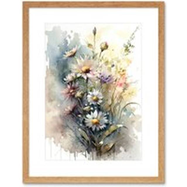 Wall Art Print Wild Flower Daisies in Bloom Modern Boho Watercolour Painting Artwork Framed 9X7 Inch - Beige - W7 inch x H9 inch