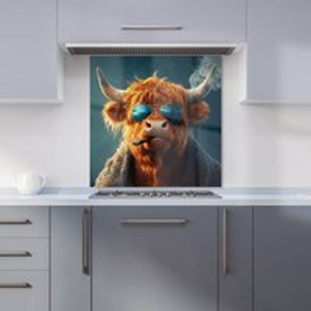 (W600mm x H600mm) Highland Cow Wearing Scarf Kitchen Splashback