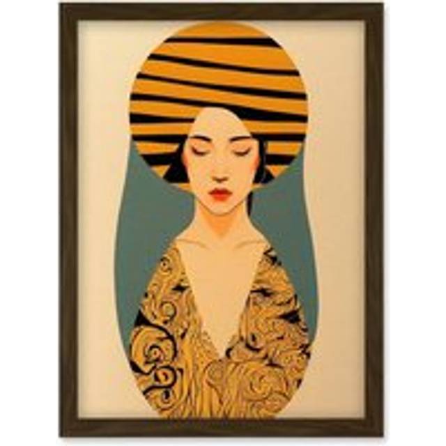 Retro Woman Mid Century Bohemian Yellow Art Nouveau Artwork Framed Wall Art Print A4 - Brown - One Size
