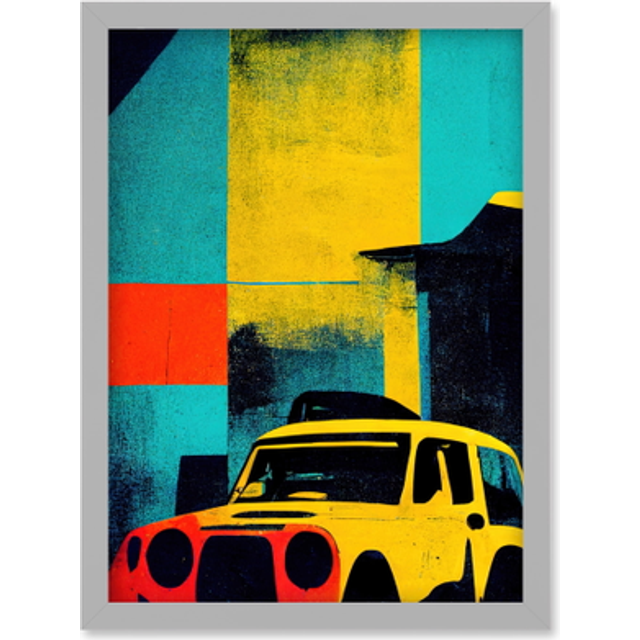 Andy Warhol Inspired Modern Abstract Car Taxi Yellow Orange Teal Black Artwork Framed Wall Art Print A4 - Grey - One Size