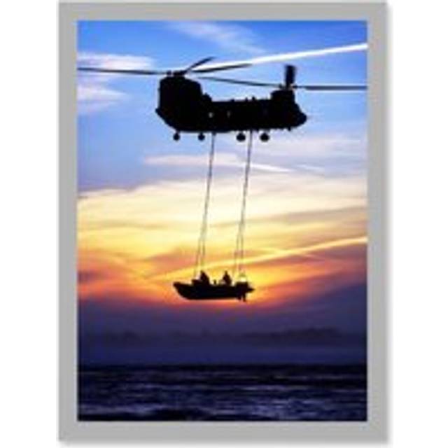 Military UK British Chinook Helicopter Royal Marines Artwork Framed Wall Art Print A4 - Grey - One Size