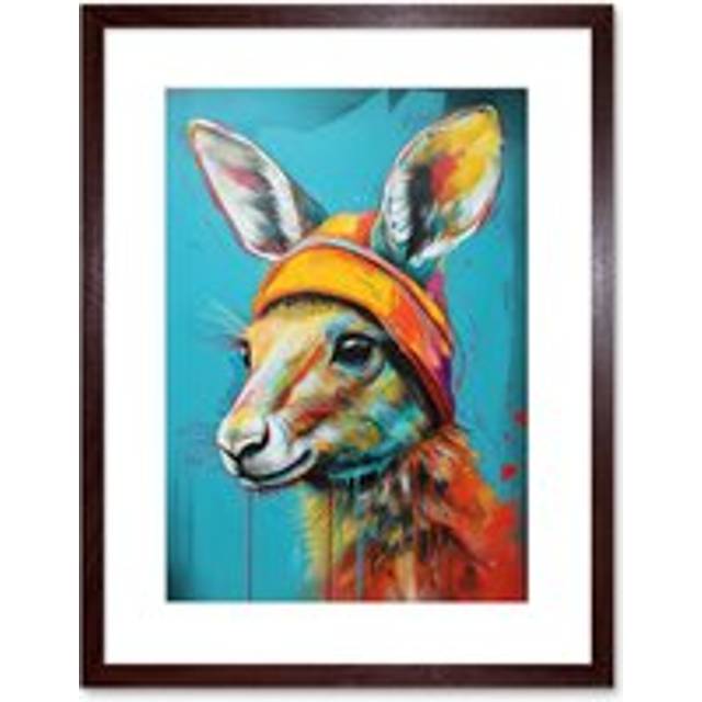 Wall Art Print Baby Kangaroo Joey Wearing Hat Teal and Orange Artwork Framed 9X7 Inch - Brown - W7 inch x H9 inch