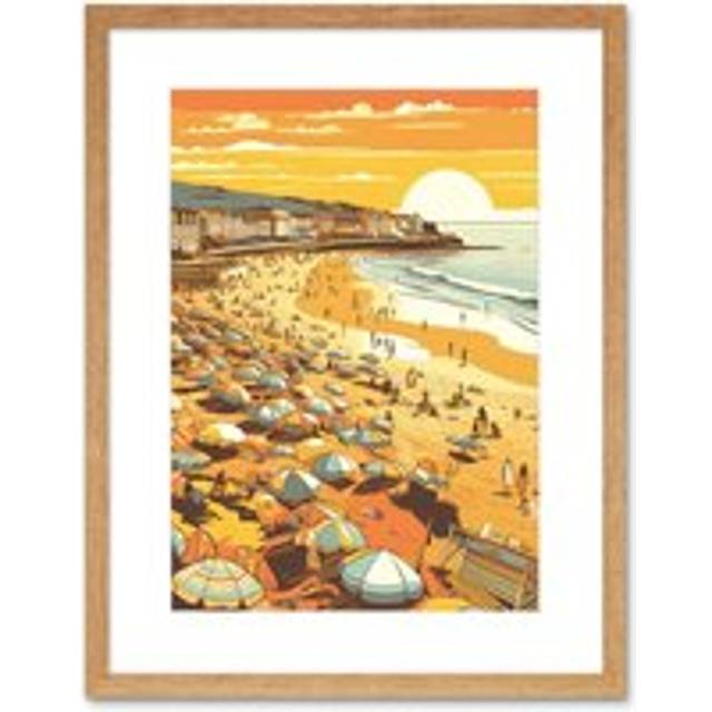 Wall Art Print Summer Sunset at Busy Sandy Promenade Beach Artwork Framed 9X7 Inch - Beige - W7 inch x H9 inch