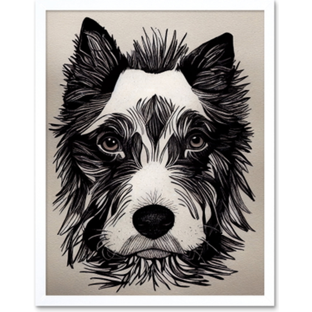 Wall Art Print Cute Border Collie Face Portrait Ink Line Drawing Black White Monochrome Art Framed - W12 inch x H16 inch