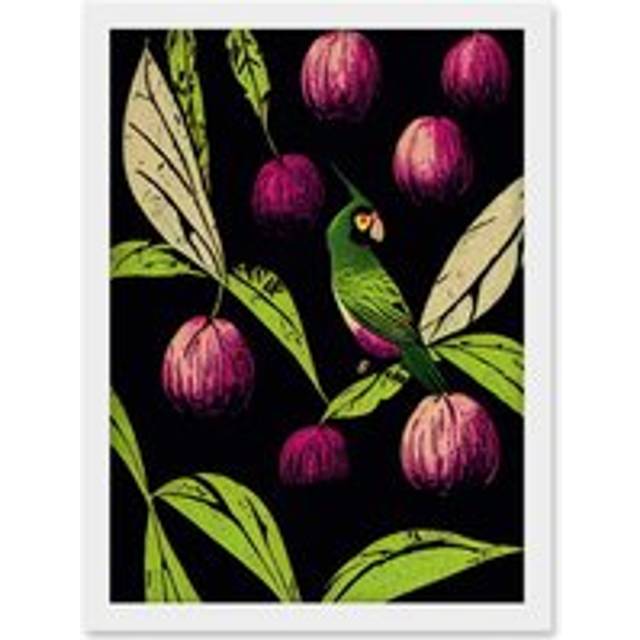 Parrot in Tree Fruit Bright Green and Purple Black Colour Linocut Illustration Modern Vintage Artwork Framed Wall Art Print A4 - White - One Size